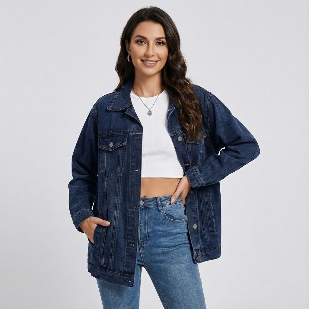 Oversize szabású farmerdzseki városi stílusban