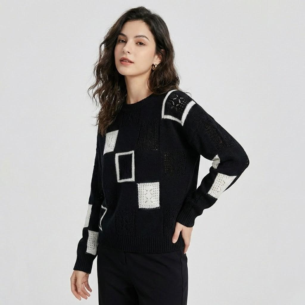 Kötött pulóver modern geometriai mintával és laza szabással