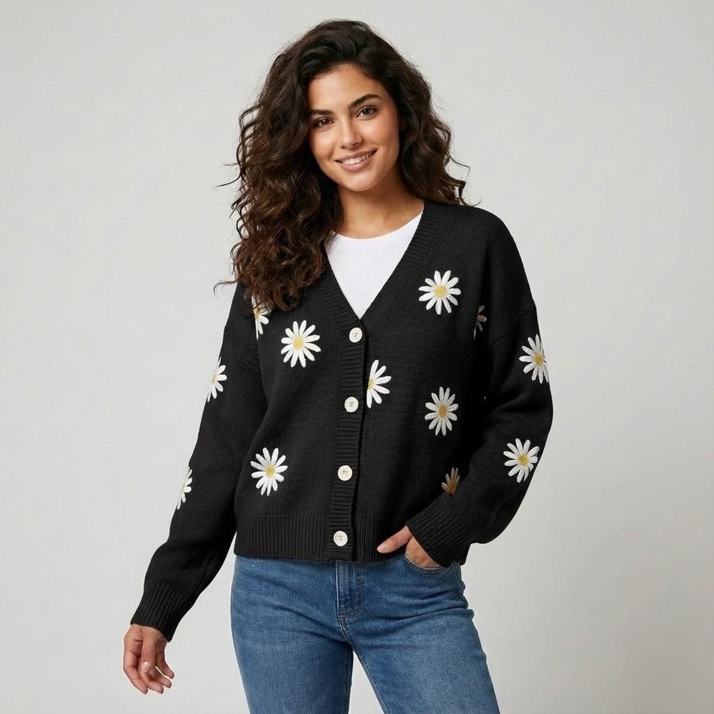 Kötött kardigán pamut és akril keverékből gombokkal és virágmintával