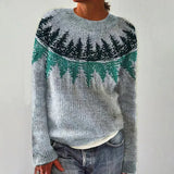 Szürke kötött pulóver zöld erdei mintával